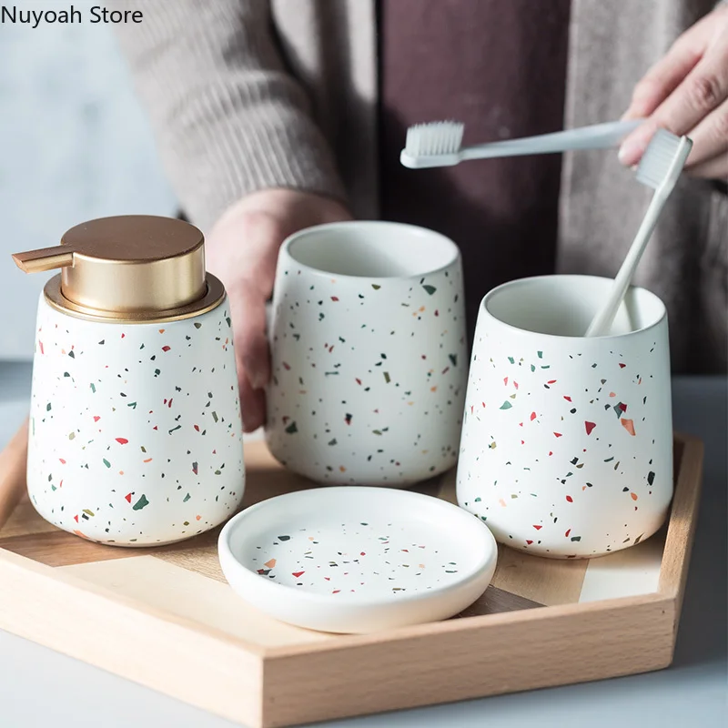 Zara Home Bathroom Set - Europese badkamerdecoratieset, terrazzokeramiek, emulsiefles, gorgelbeker, zeepbakje,