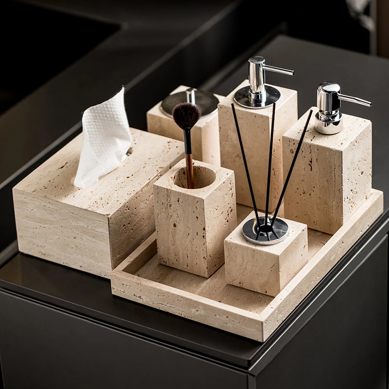 Zara Home Bathroom Set - Beige Travertijn Badkamerset Natuurlijke Marmeren Zeepdispenser