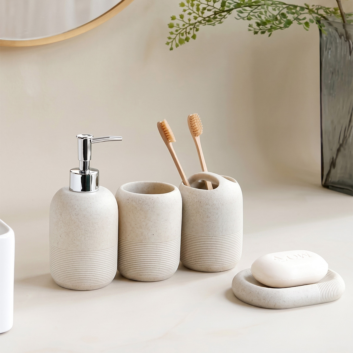 Zara Home Bathroom Set - Moderne badkameraccessoireset van zandsteenhars, 4-delig -