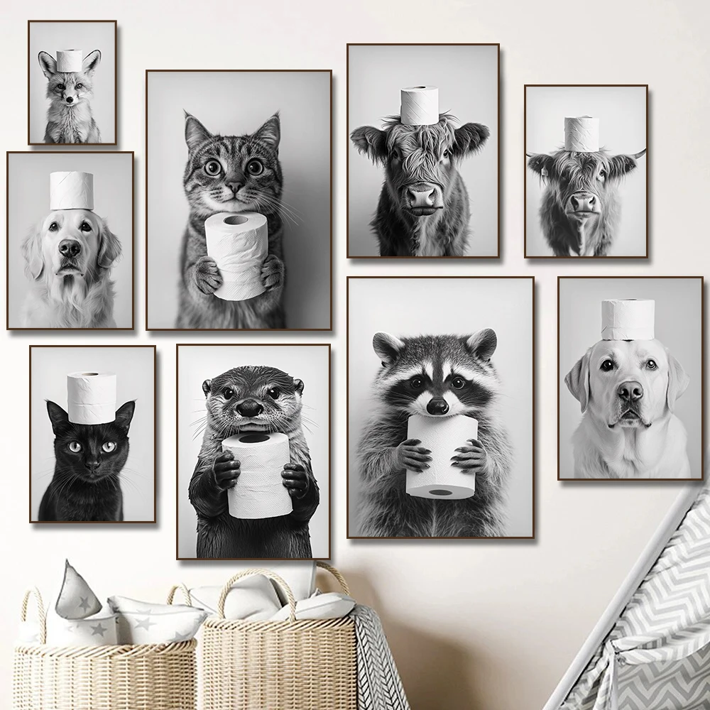 Home Bathroom Wallpaper - Hooglandkoe Otter Kat Wasbeer met Toiletpapier
